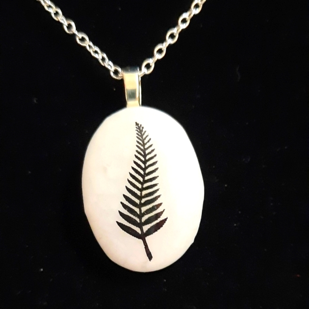 White Stained Glass Necklace with Fused Fern Decal